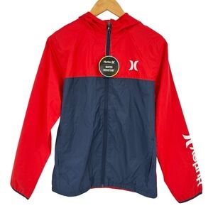 NEW Hurley Kids XL Red Navy Blue Water Resistant Hooded Windbreaker Rain Jacket